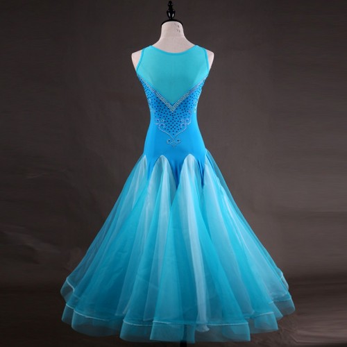 Turquoise blue competition ballroom dance dresses for women girls sleeveless waltz tango foxtrot smooth dance long gown for female